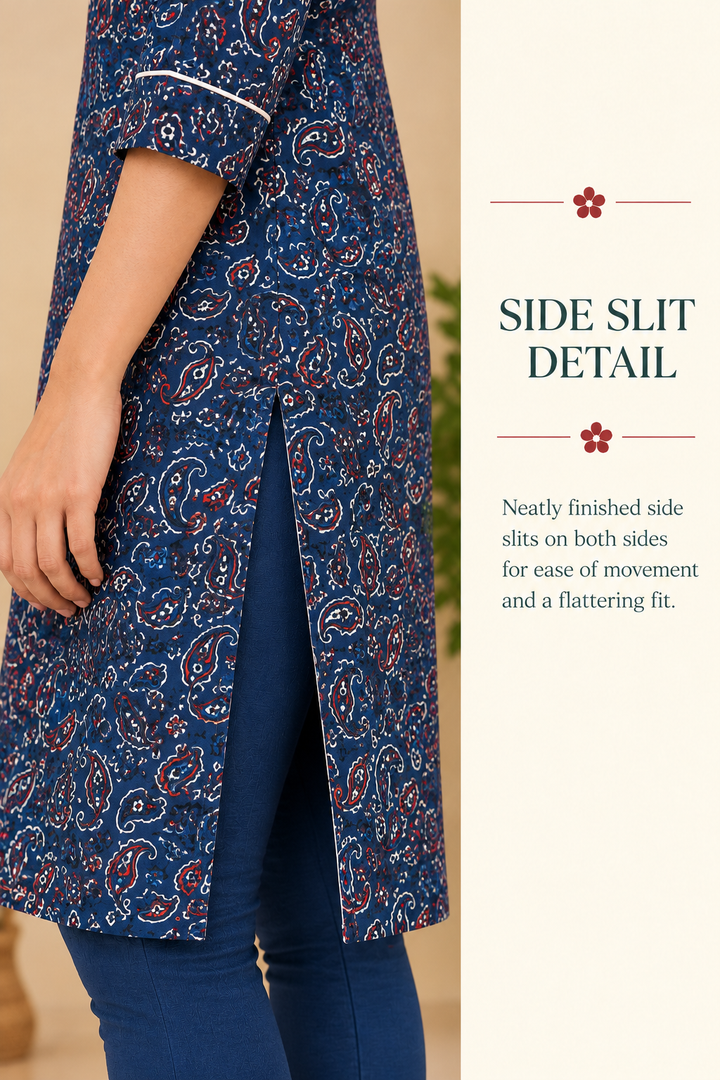 Blue Cotton Ajrakh Hand Block Printed Short Kurta