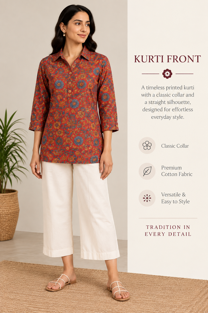 Red Floral Block Printed Shirt Style Short Kurta