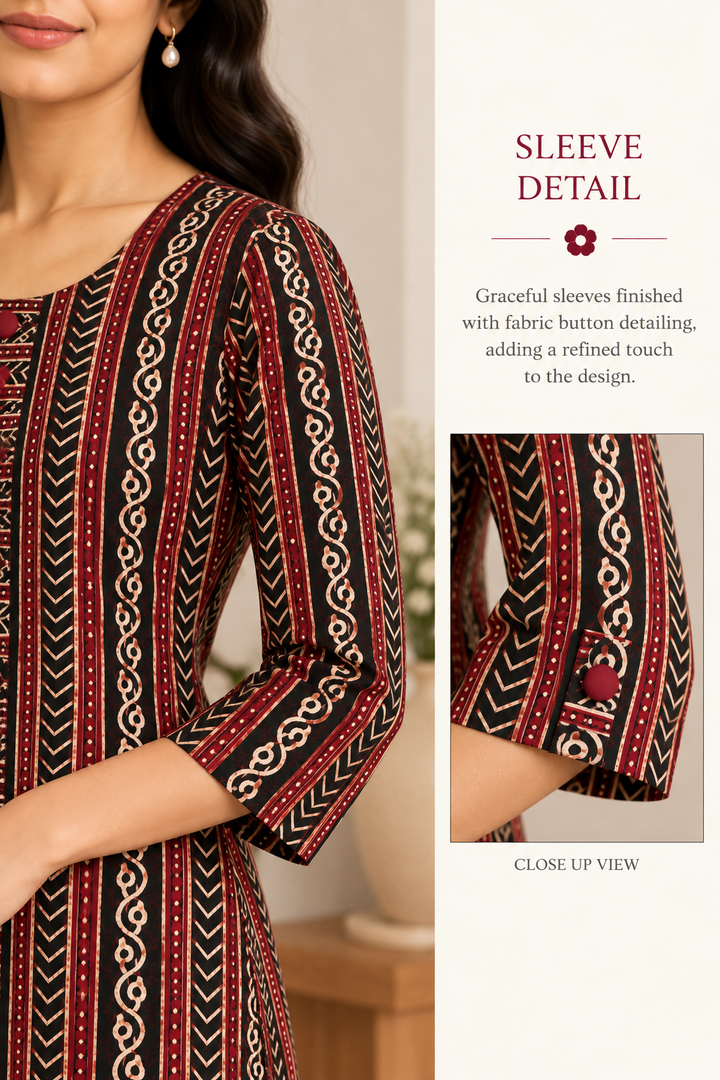 Maroon & Black Ethnic Block-Printed Short Kurti