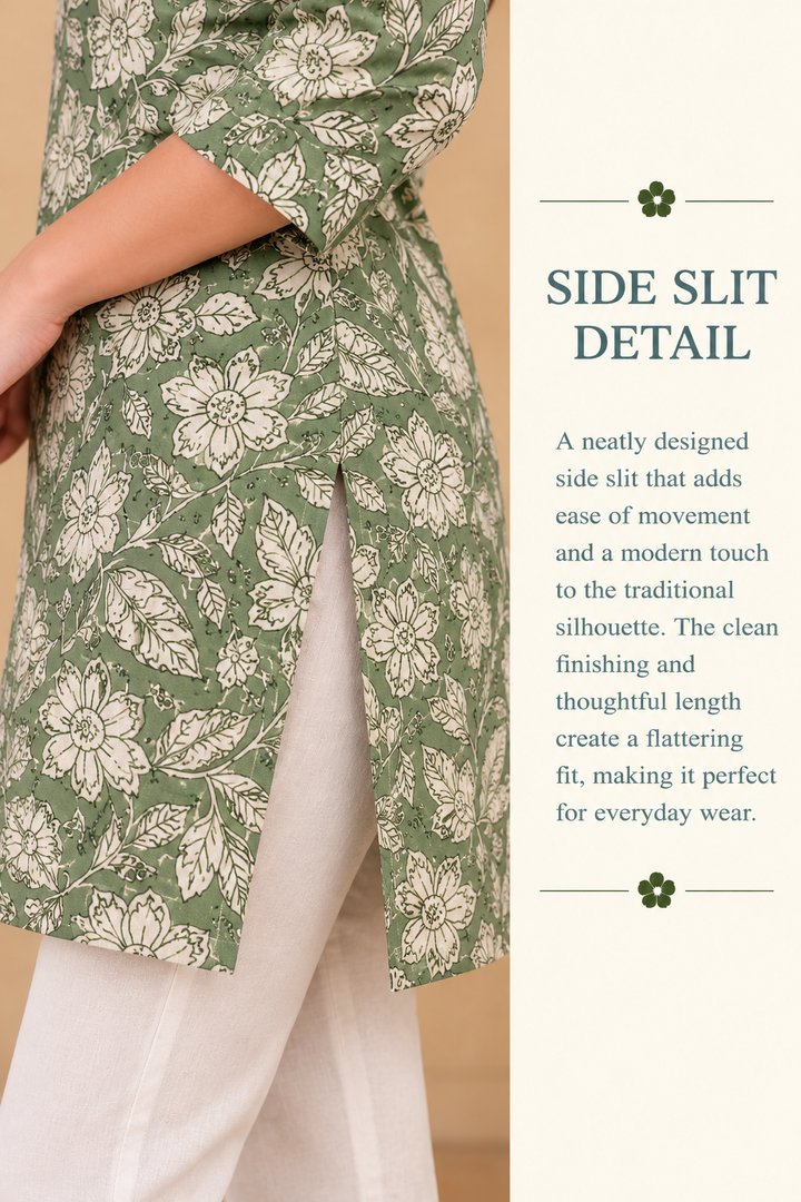 Green Cotton Hand Block Printed Short Kurta