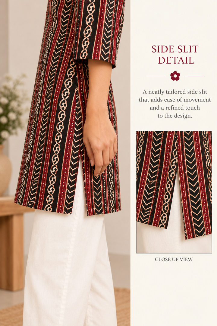 Maroon & Black Ethnic Block-Printed Short Kurti