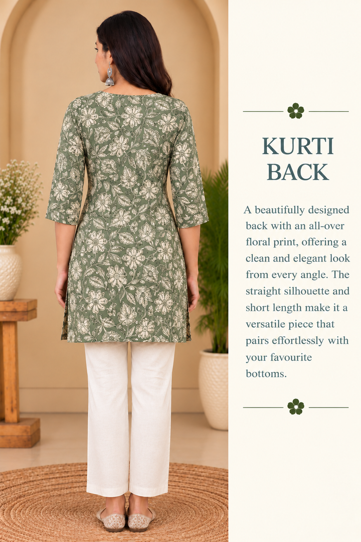 Green Cotton Hand Block Printed Short Kurta