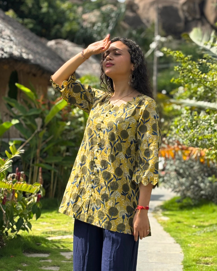 Mustard Kantha Cotton Hand Block Printed Short Kurta