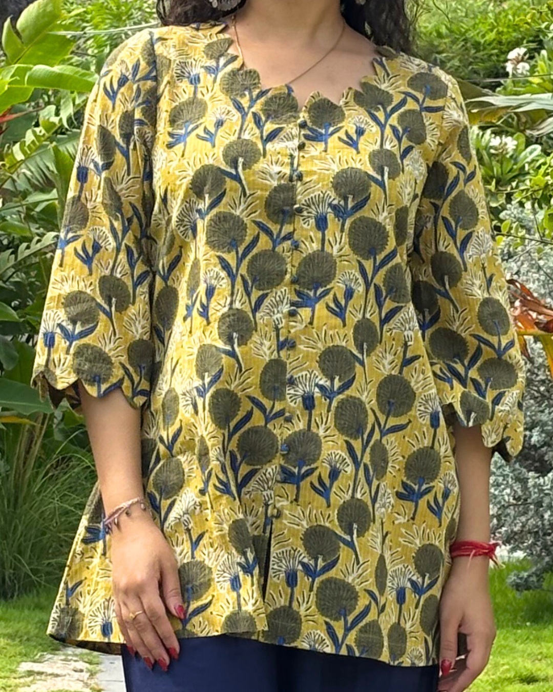 Mustard Kantha Cotton Hand Block Printed Short Kurta