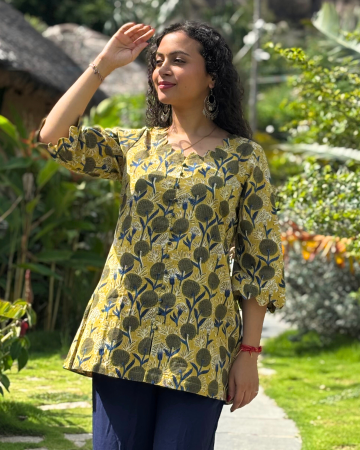 Mustard Kantha Cotton Hand Block Printed Short Kurta