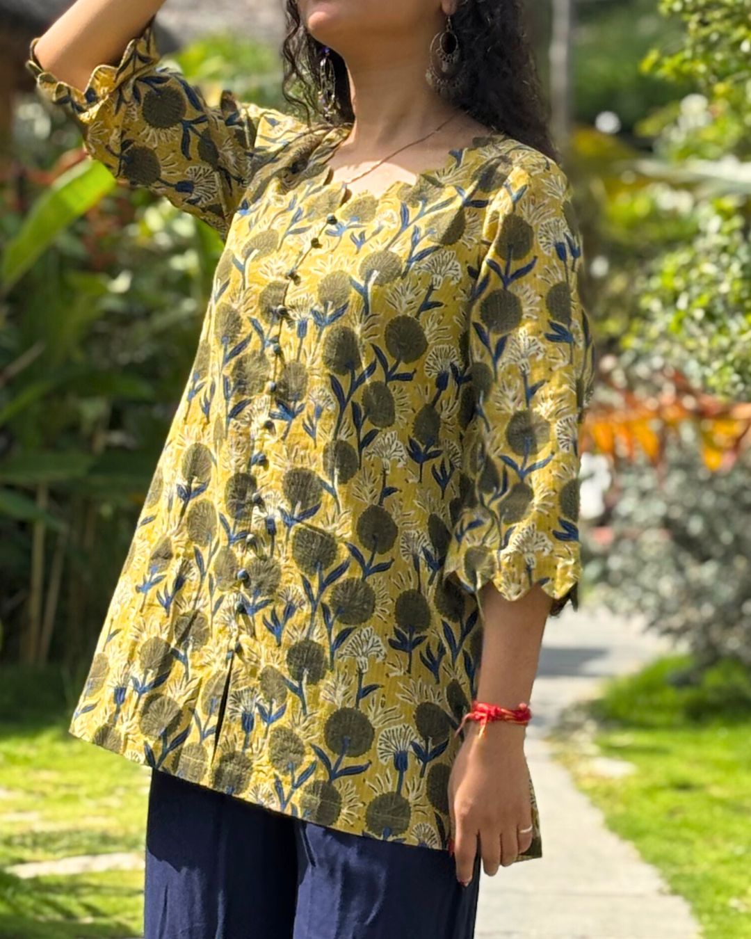Mustard Kantha Cotton Hand Block Printed Short Kurta