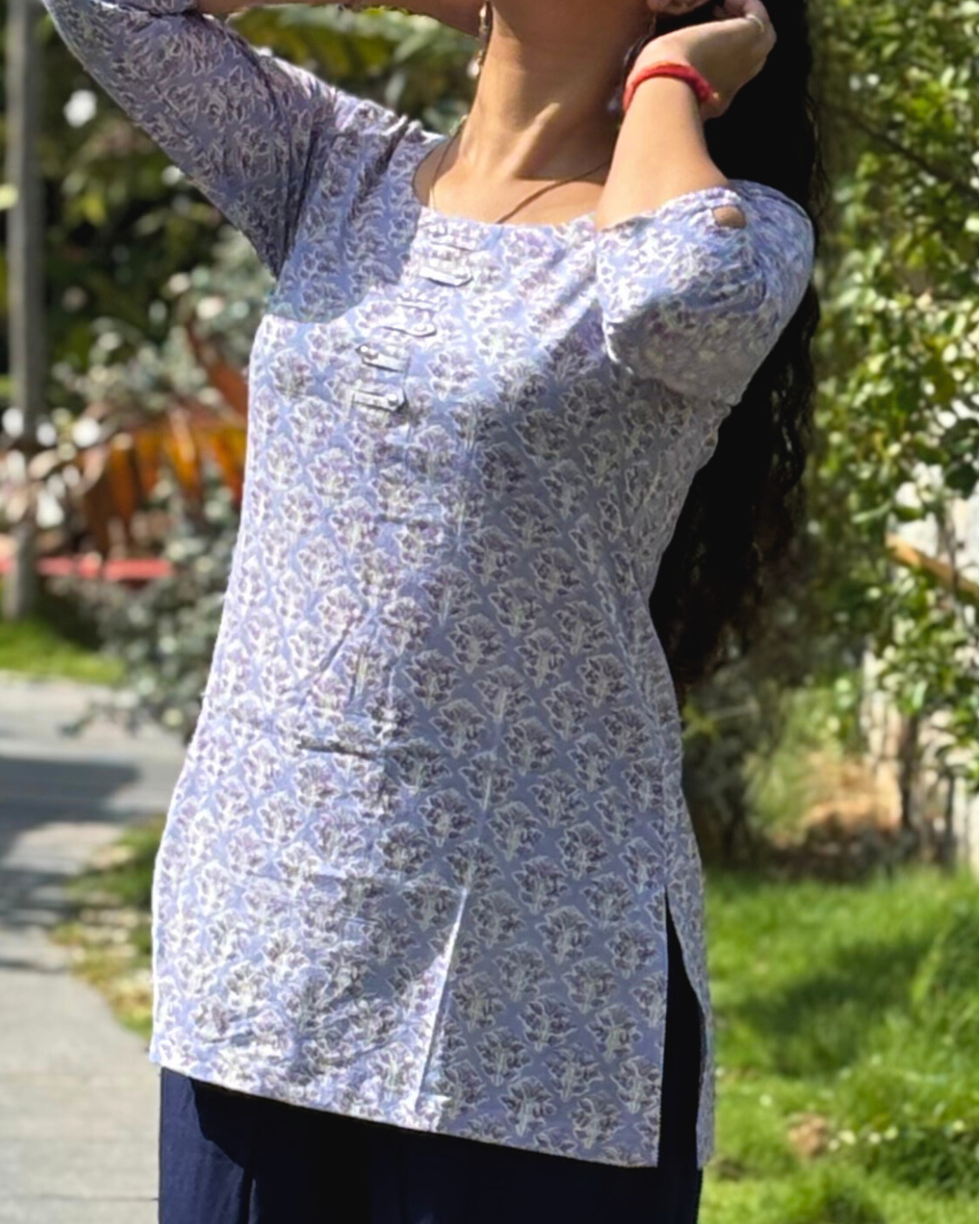 Purple Cotton Hand Block Printed Short Kurta