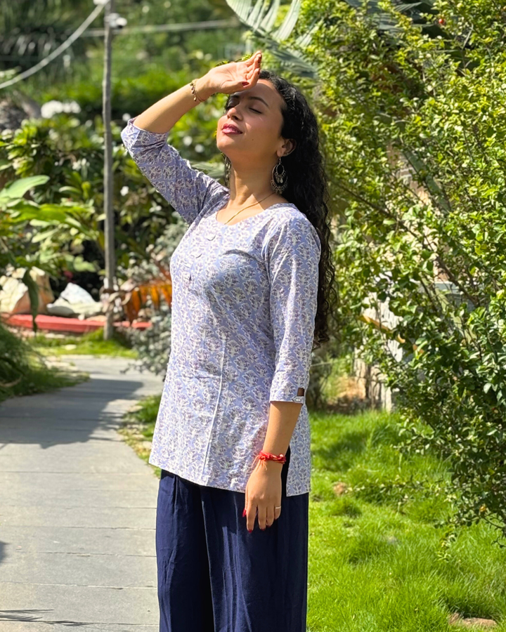 Purple Cotton Hand Block Printed Short Kurta