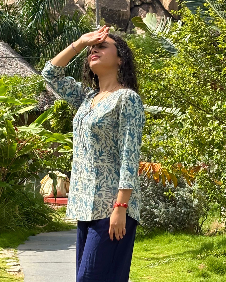 Blue Cotton Hand Block Printed Short Kurta