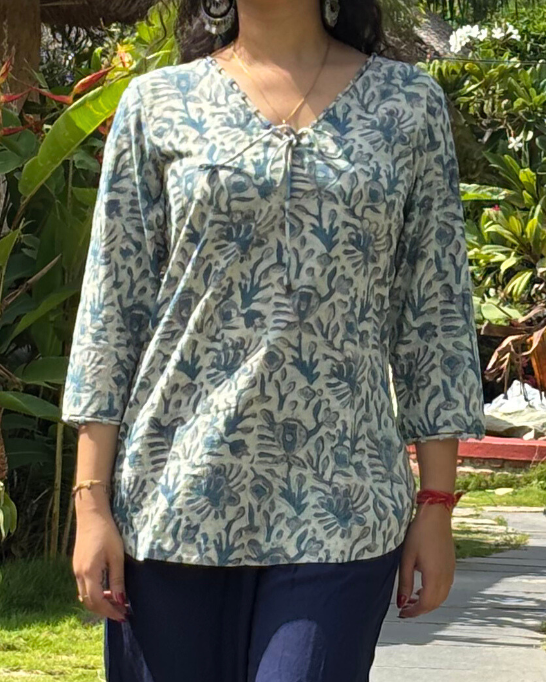 Blue Cotton Hand Block Printed Short Kurta
