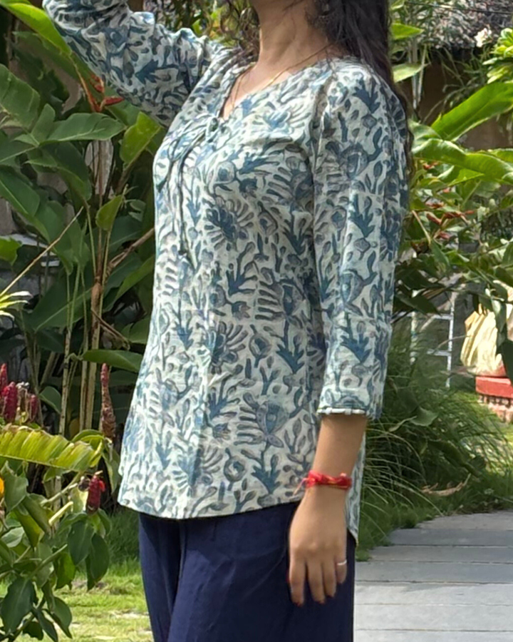 Blue Cotton Hand Block Printed Short Kurta