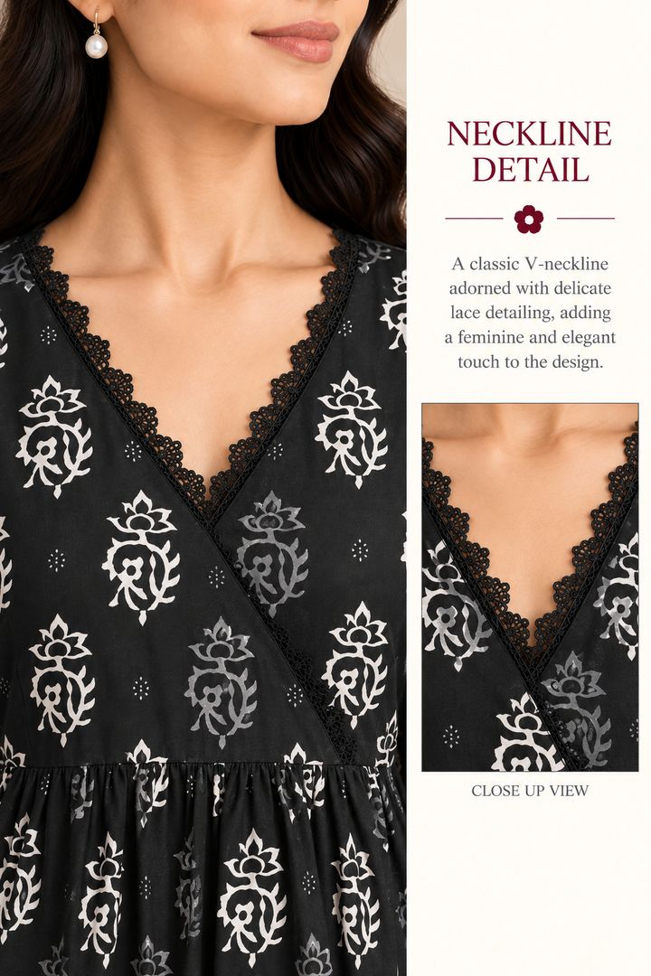 Black Floral Block Printed A-Line Kurta with Lace Trim