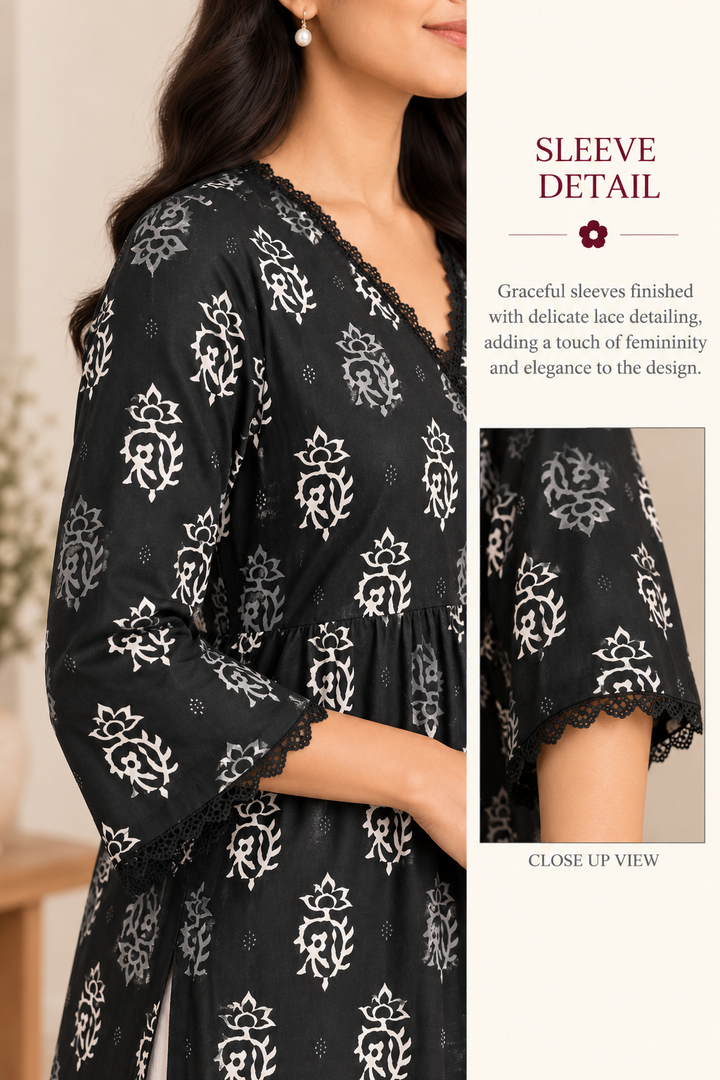 Black Floral Block Printed A-Line Kurta with Lace Trim