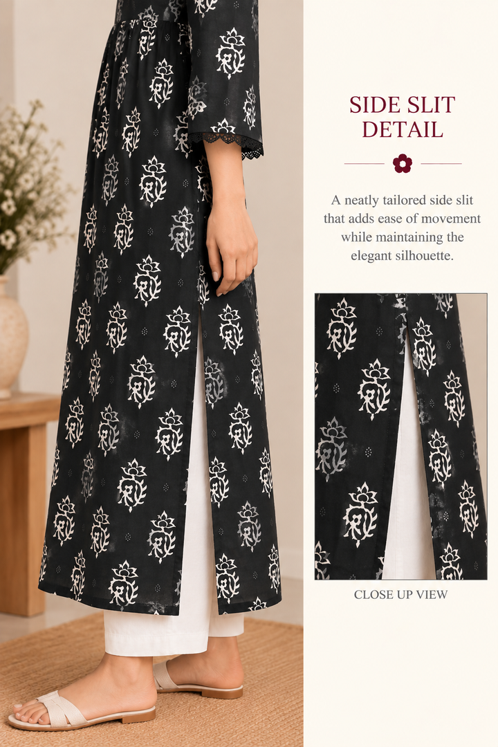 Black Floral Block Printed A-Line Kurta with Lace Trim
