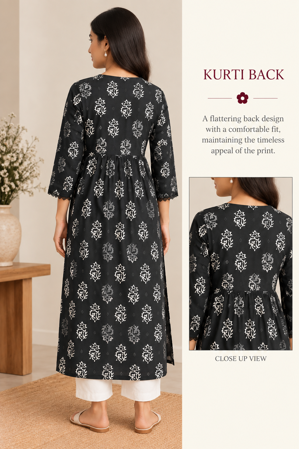 Black Floral Block Printed A-Line Kurta with Lace Trim