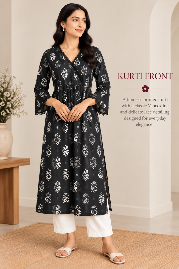 Black Floral Block Printed A-Line Kurta with Lace Trim