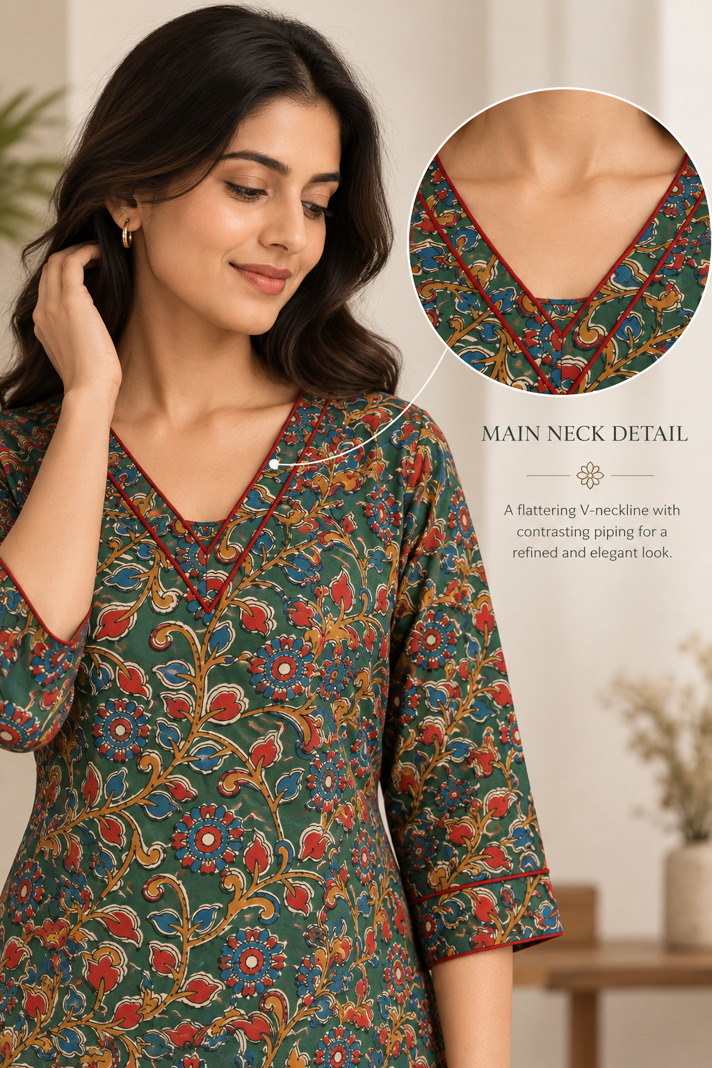 Green & Multi Floral Block Printed Short Kurta