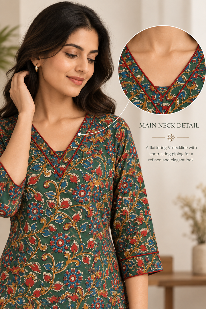 Green & Multi Floral Block Printed Short Kurta