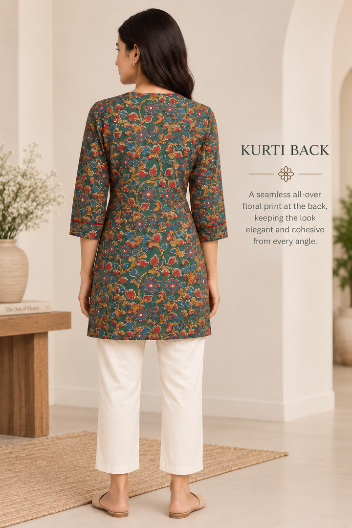 Green & Multi Floral Block Printed Short Kurta