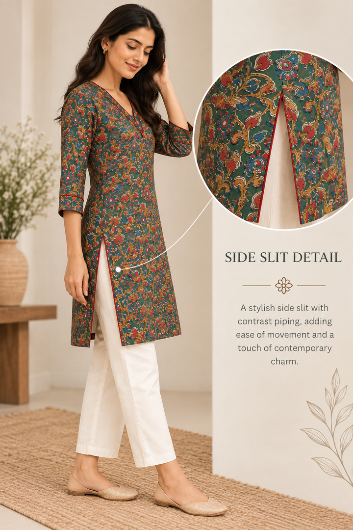 Green & Multi Floral Block Printed Short Kurta