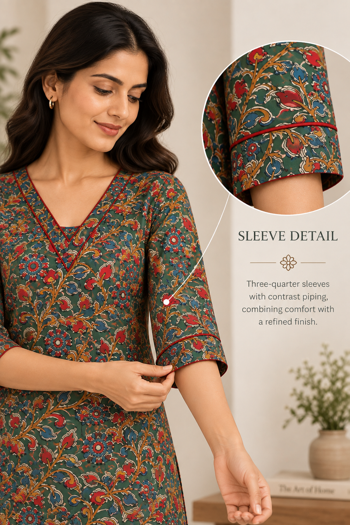 Green & Multi Floral Block Printed Short Kurta