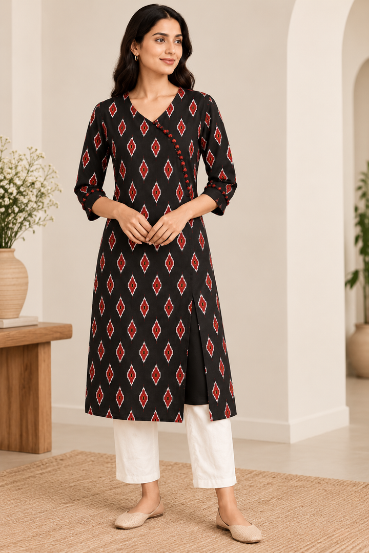 Black & Red Ikat Print Angrakha-Style Long Kurti