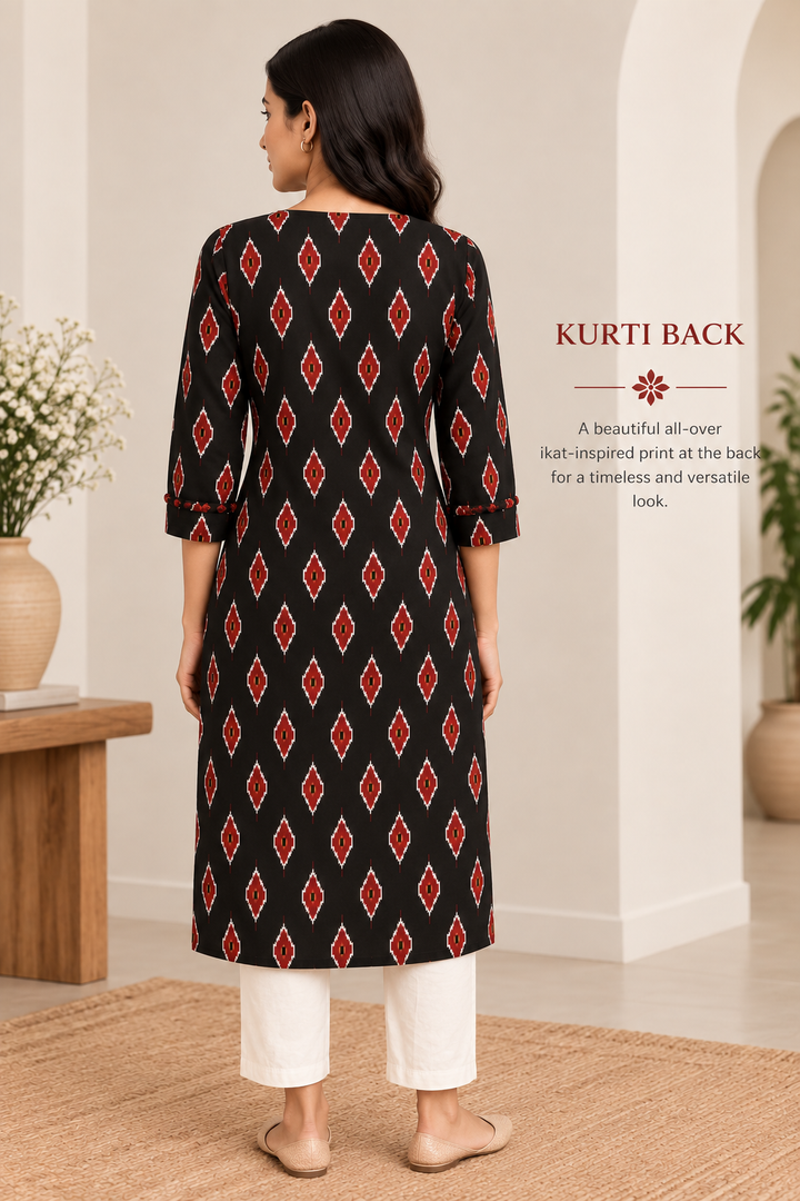 Black & Red Ikat Print Angrakha-Style Long Kurti
