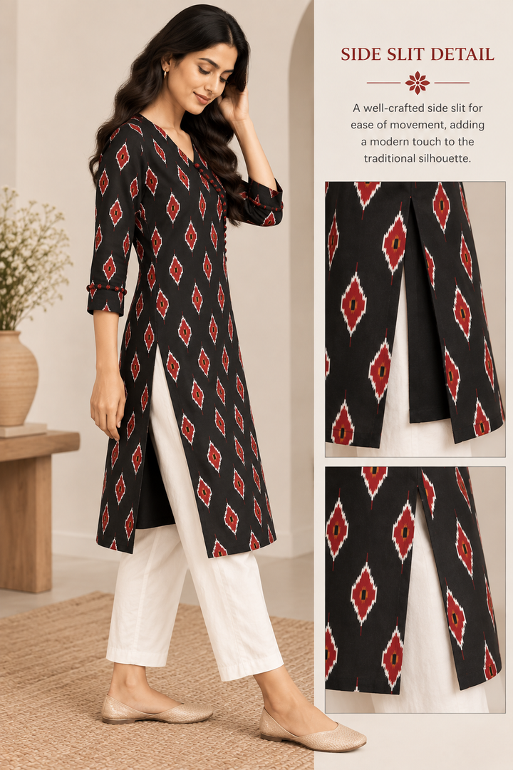 Black & Red Ikat Print Angrakha-Style Long Kurti