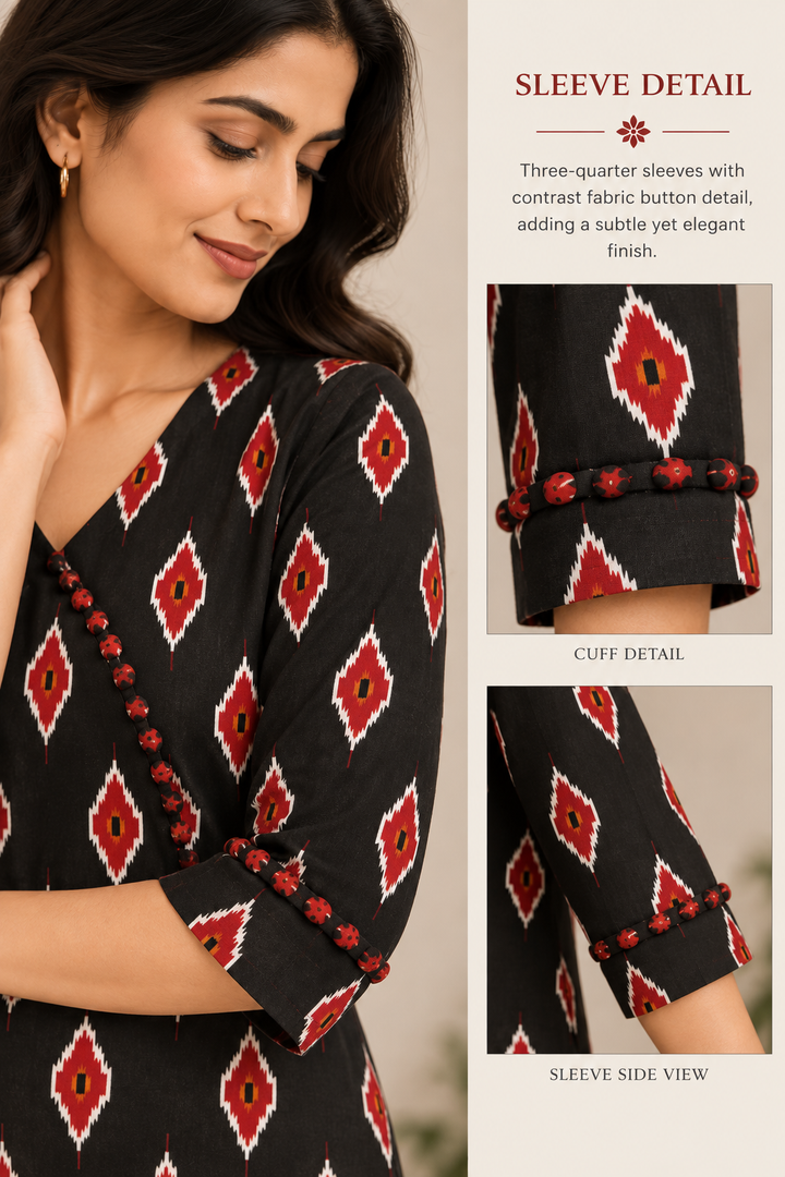 Black & Red Ikat Print Angrakha-Style Long Kurti