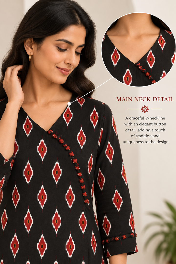 Black & Red Ikat Print Angrakha-Style Long Kurti