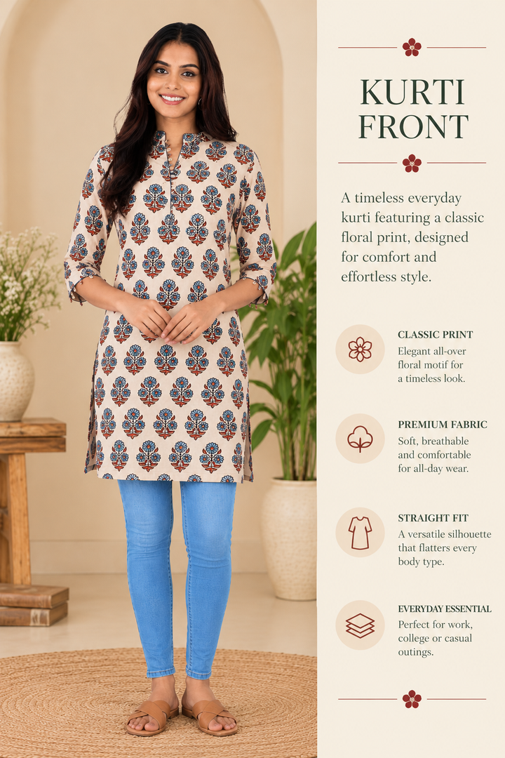 Beige Cotton Ajrakh Hand Block Printed Short Kurta