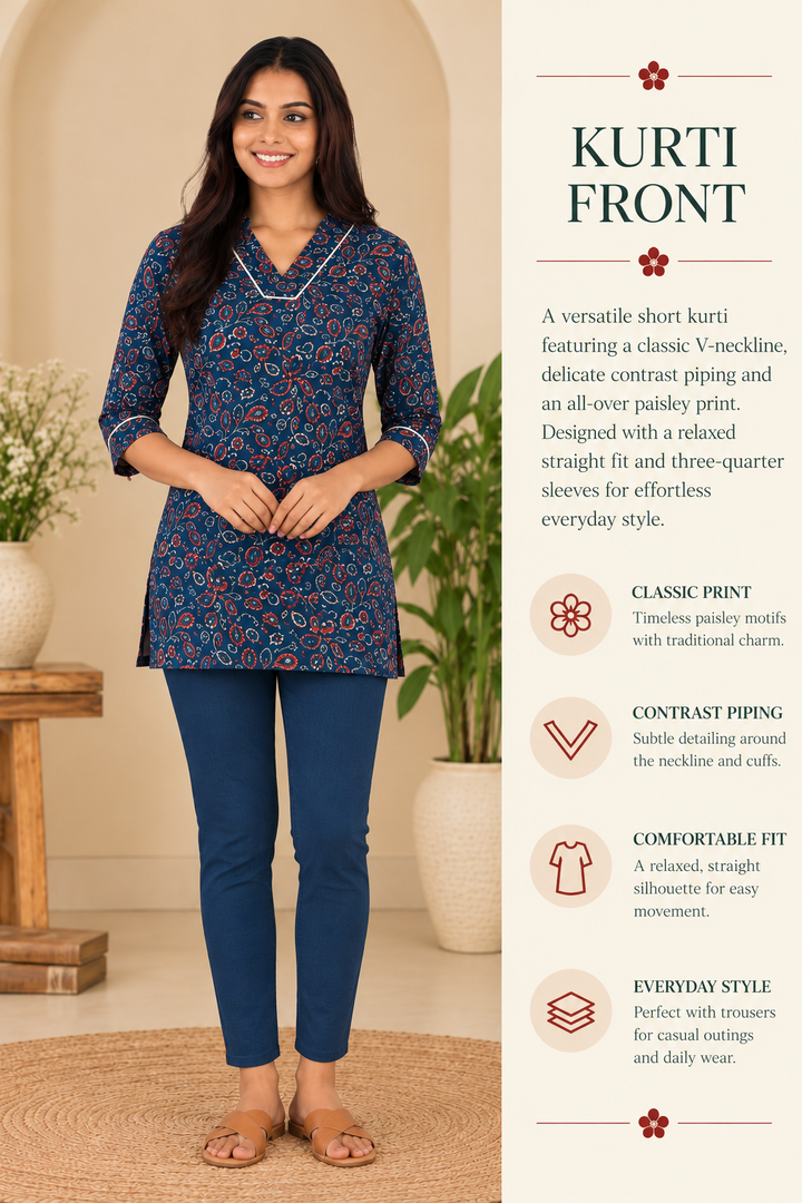 Blue Cotton Ajrakh Hand Block Printed Short Kurta