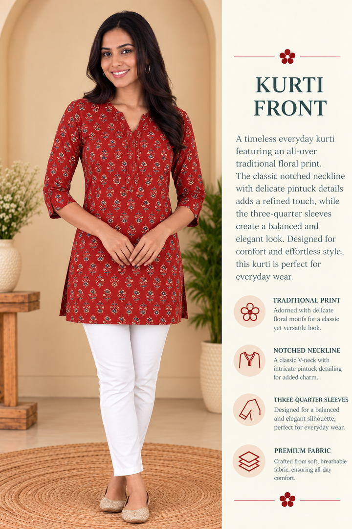 Maroon Cotton Ajrak Hand Block Printed Short Kurta