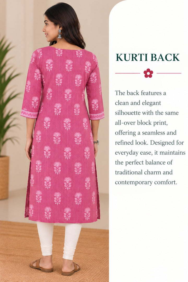 Pink Cotton Kantha Hand Block Printed Long Kurta
