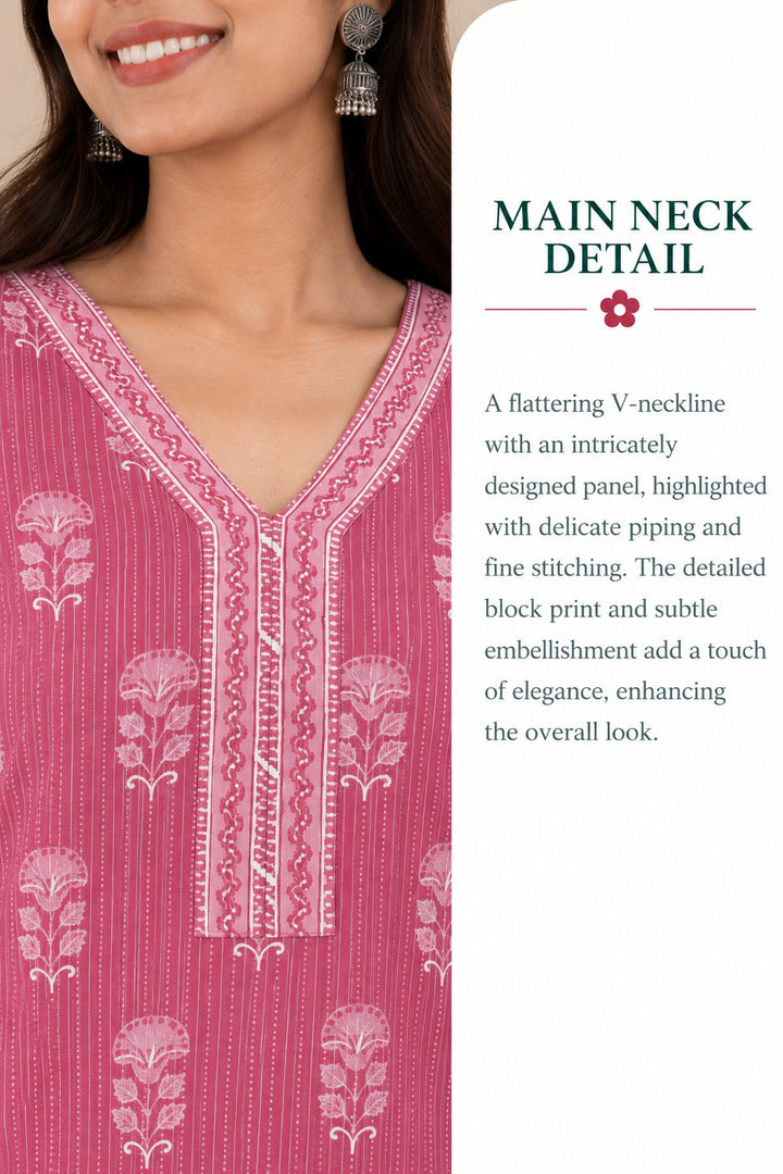Pink Cotton Kantha Hand Block Printed Long Kurta