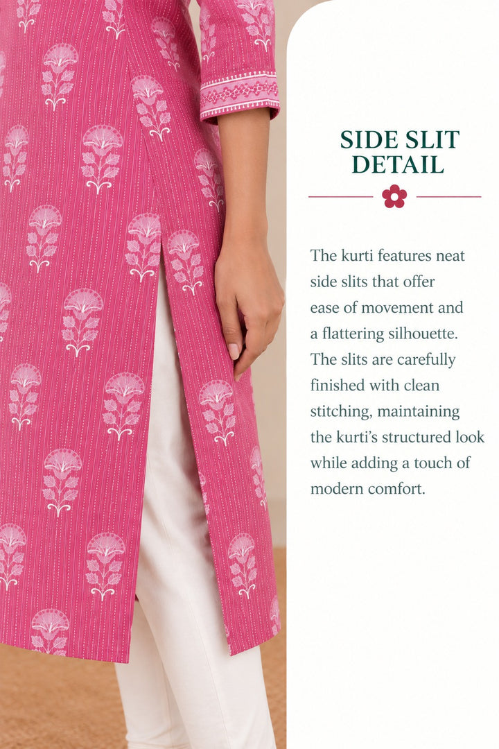 Pink Cotton Kantha Hand Block Printed Long Kurta