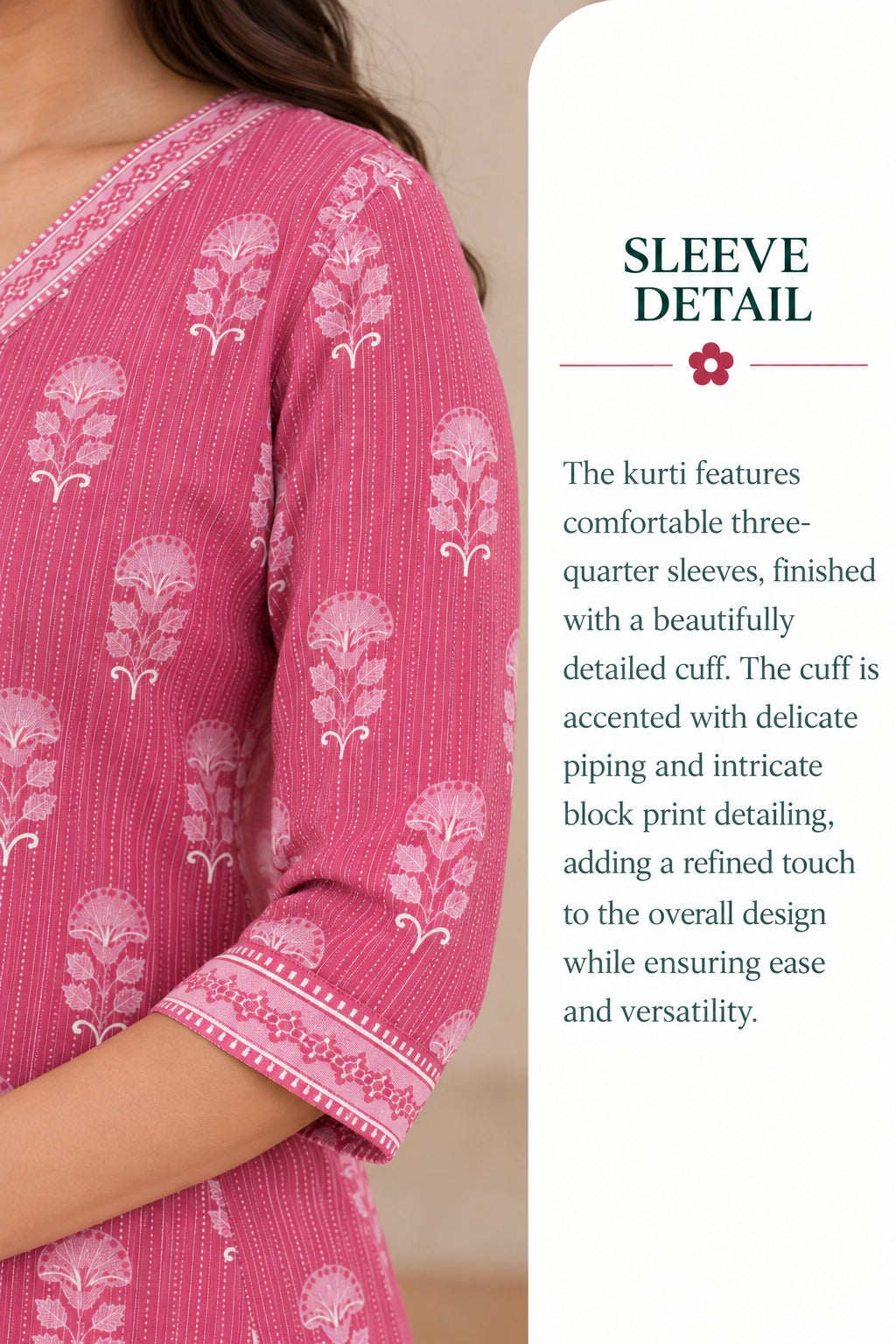 Pink Cotton Kantha Hand Block Printed Long Kurta