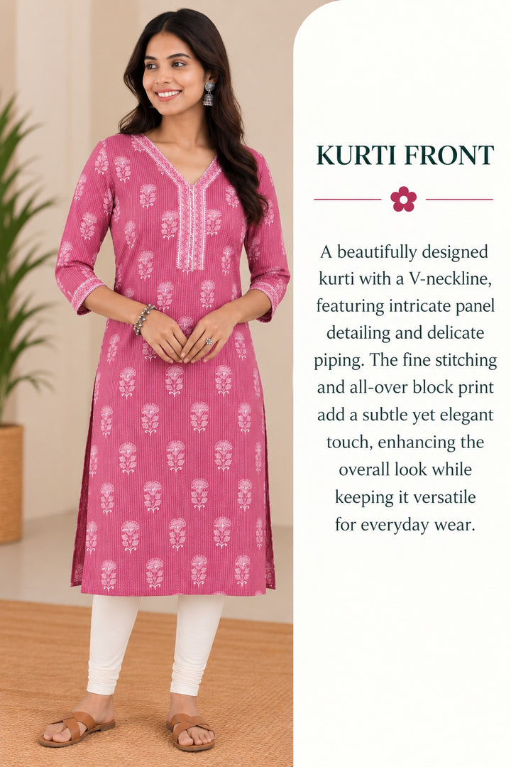 Pink Cotton Kantha Hand Block Printed Long Kurta