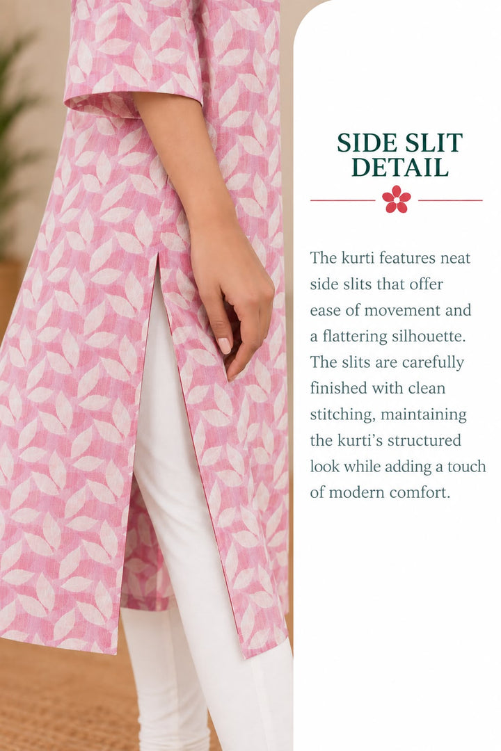 Pink Cotton Kantha Hand Block Printed Long Kurta