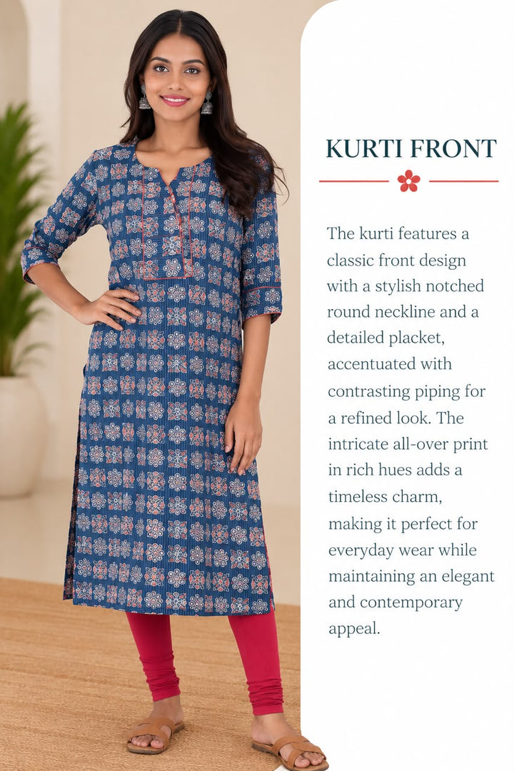 Blue Cotton Kantha Block Printed Long Kurta