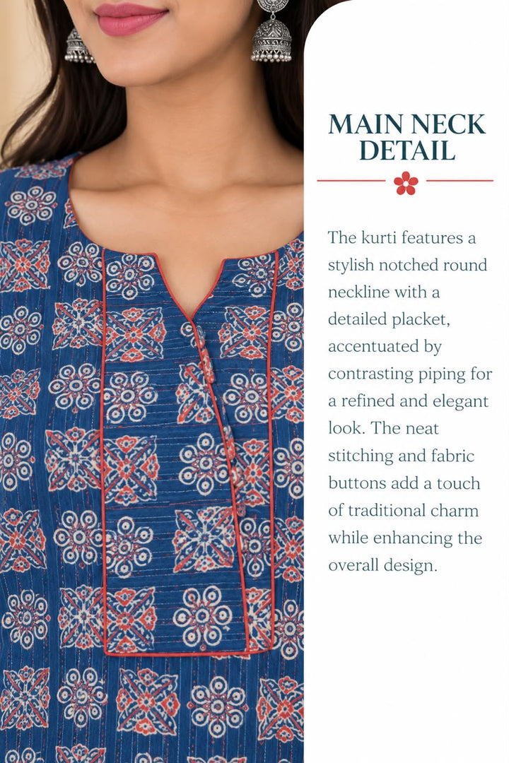 Blue Cotton Kantha Block Printed Long Kurta