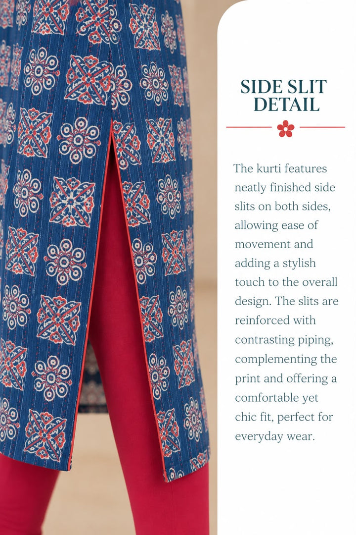 Blue Cotton Kantha Block Printed Long Kurta