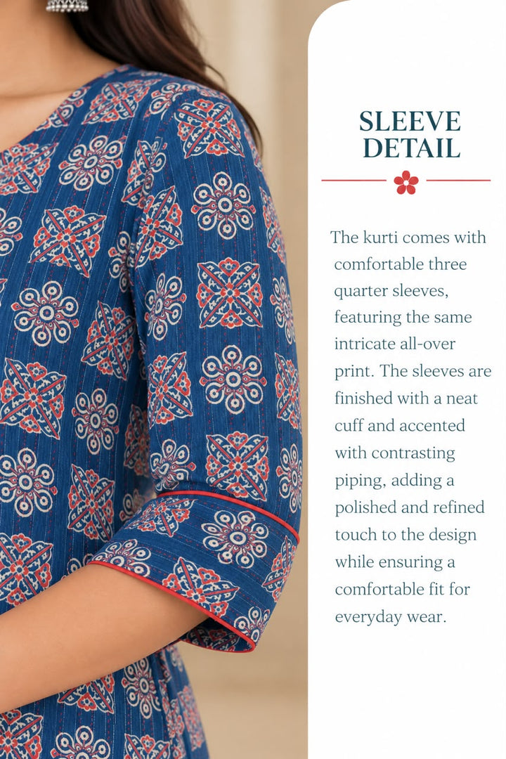 Blue Cotton Kantha Block Printed Long Kurta