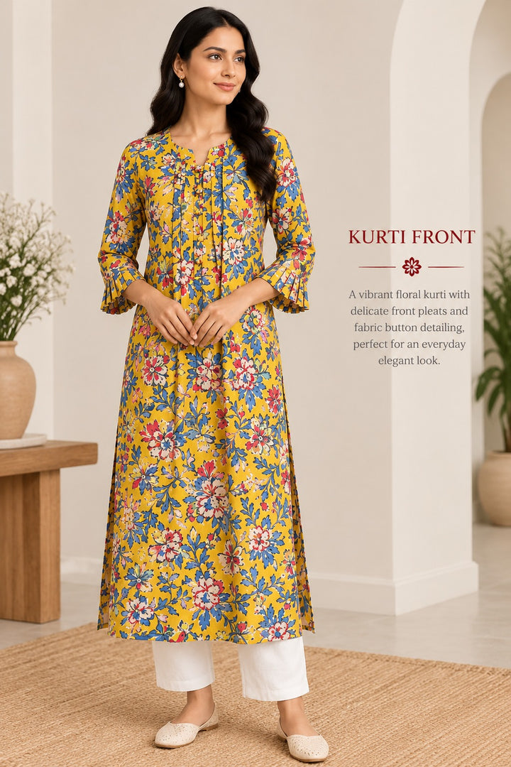 Yellow & Blue Floral Print Long Kurti with Pleated Placket