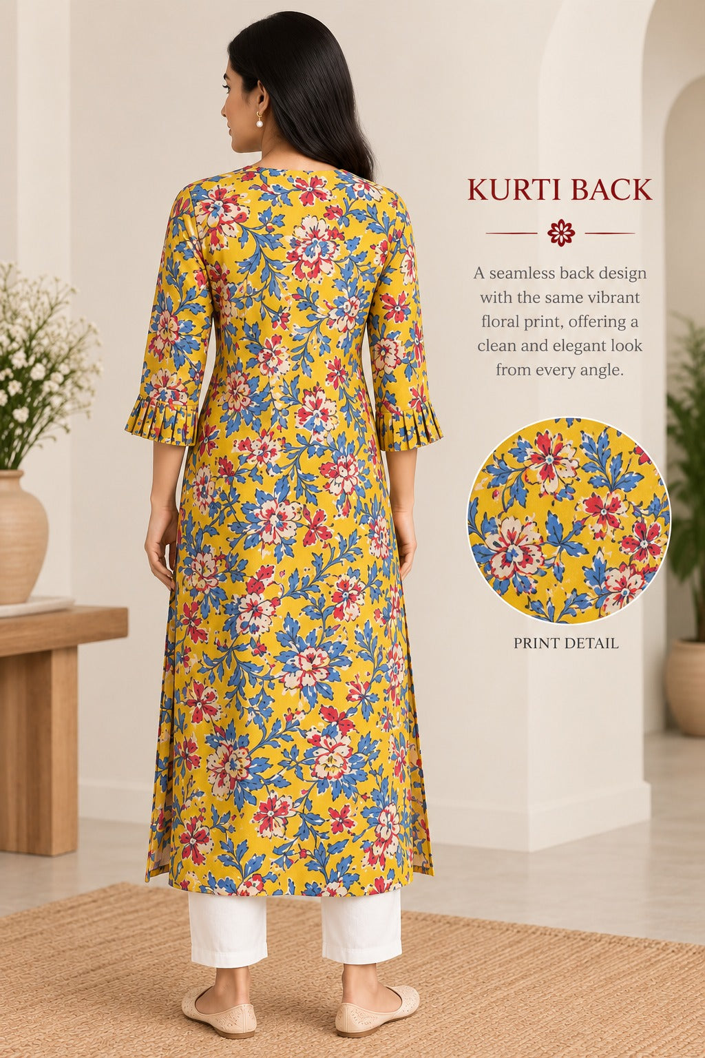 Yellow & Blue Floral Print Long Kurti with Pleated Placket