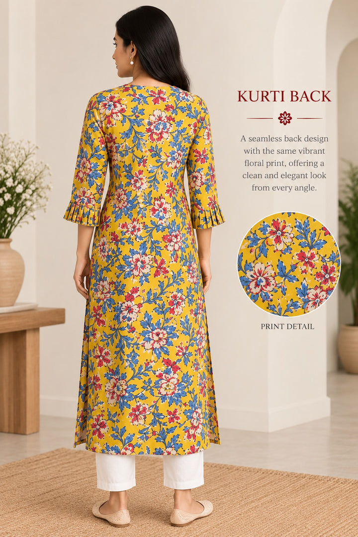 Yellow & Blue Floral Print Long Kurti with Pleated Placket