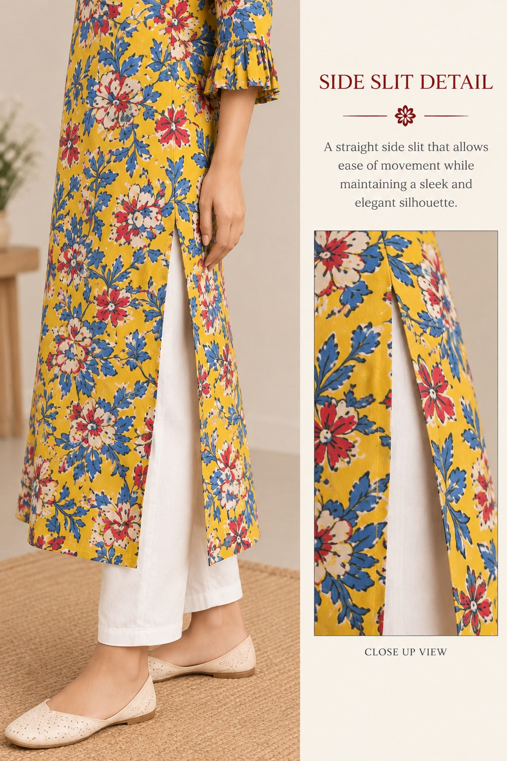 Yellow & Blue Floral Print Long Kurti with Pleated Placket