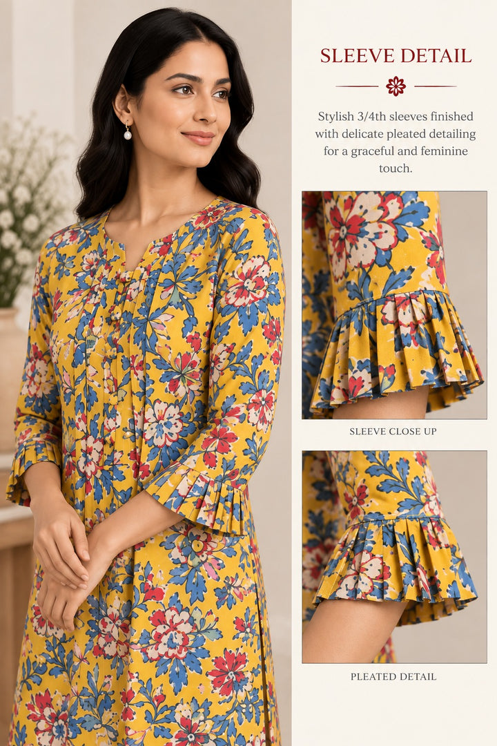 Yellow & Blue Floral Print Long Kurti with Pleated Placket