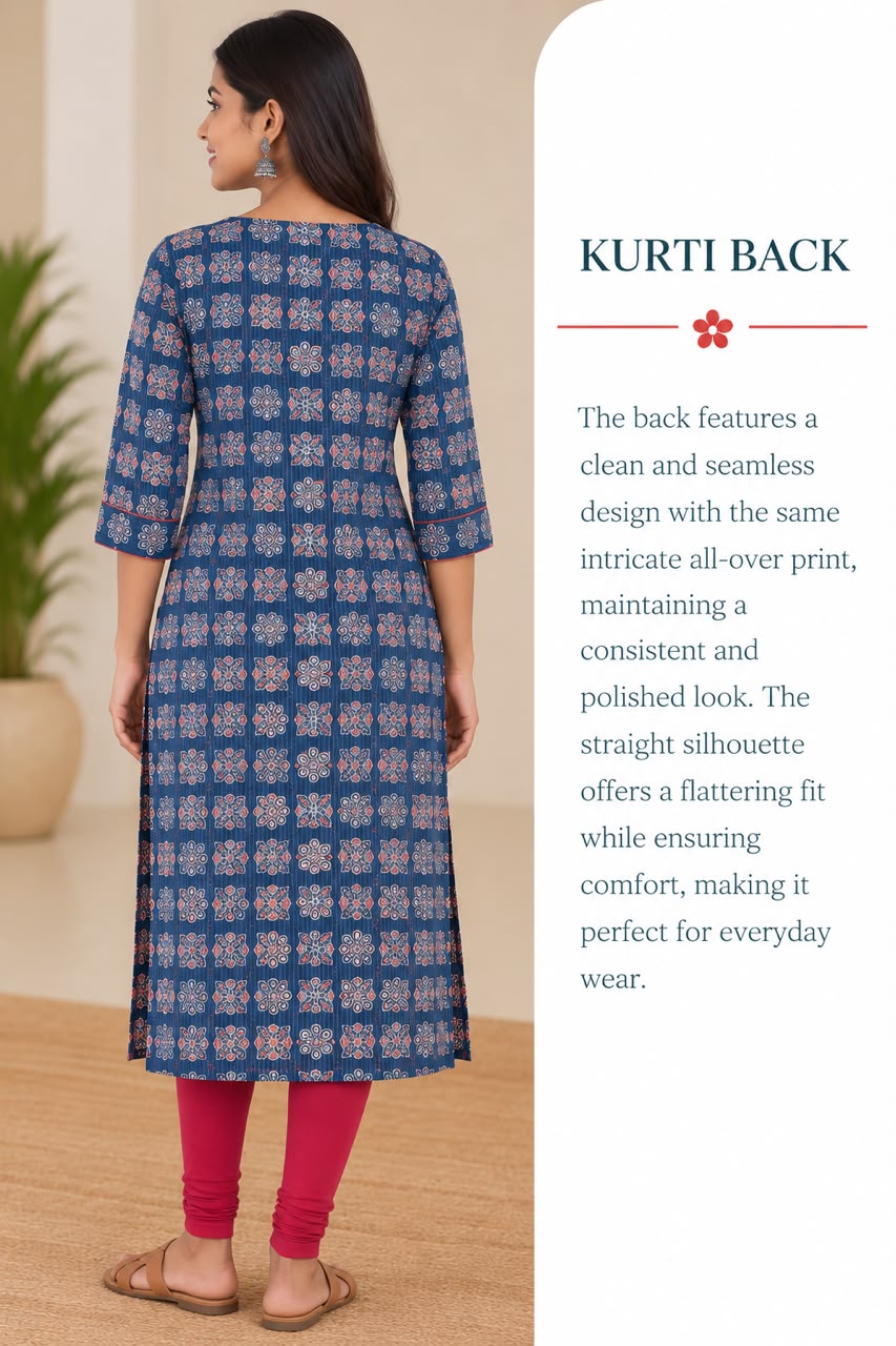 Blue Cotton Kantha Block Printed Long Kurta