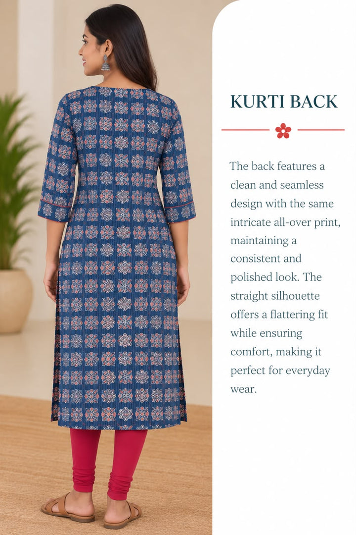 Blue Cotton Kantha Block Printed Long Kurta